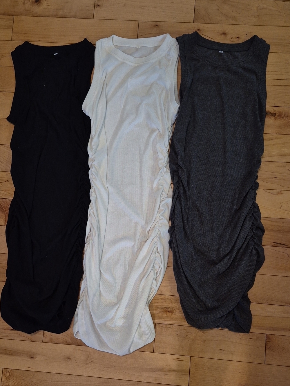 3 Women's Size Small Sleeveless Ruched Mini Dress - Black, White, Charcoal